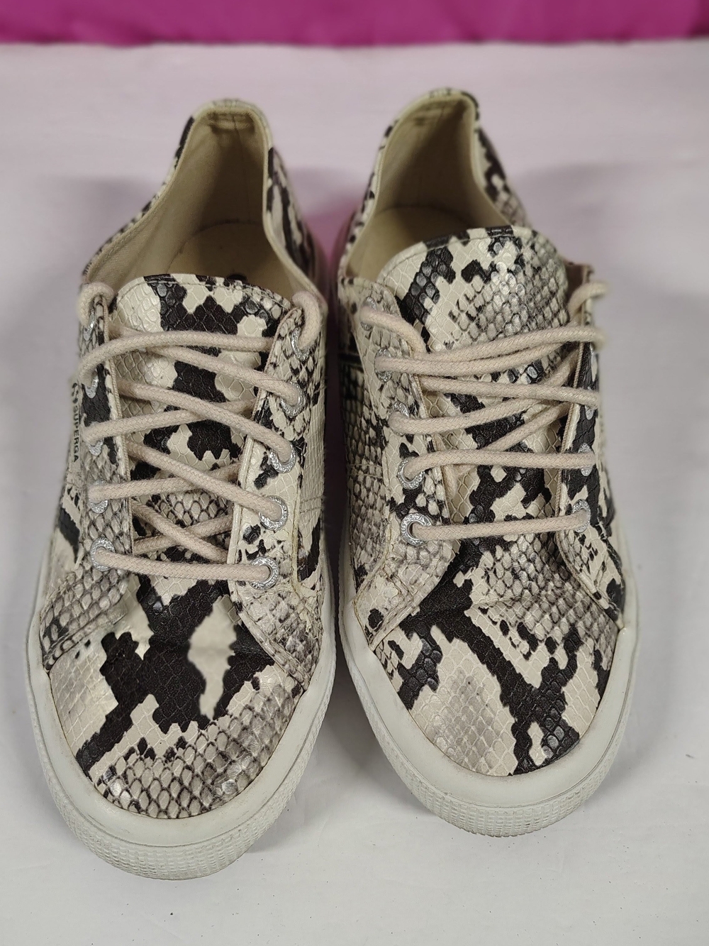 Superga Python Snake-Print Lace-Up Sneakers in Beige & Black Women's Sz 7, 37.5